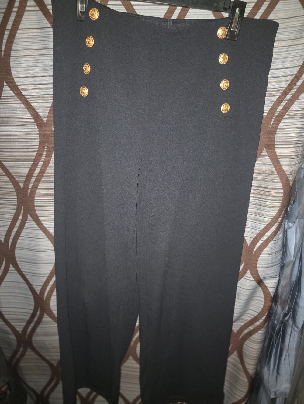 Navy Blue Sailor-Style Wide Leg Pants with Gold Buttons